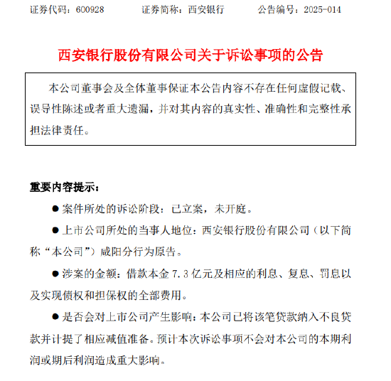 天创网 西安银行：咸阳分行因金融借款合同纠纷提起诉讼 涉及借款本金7.3亿元