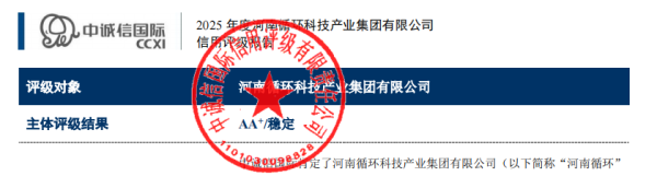 易启胜 省属循环科技类国企首家，河南循环获AA+主体信用“双评级”